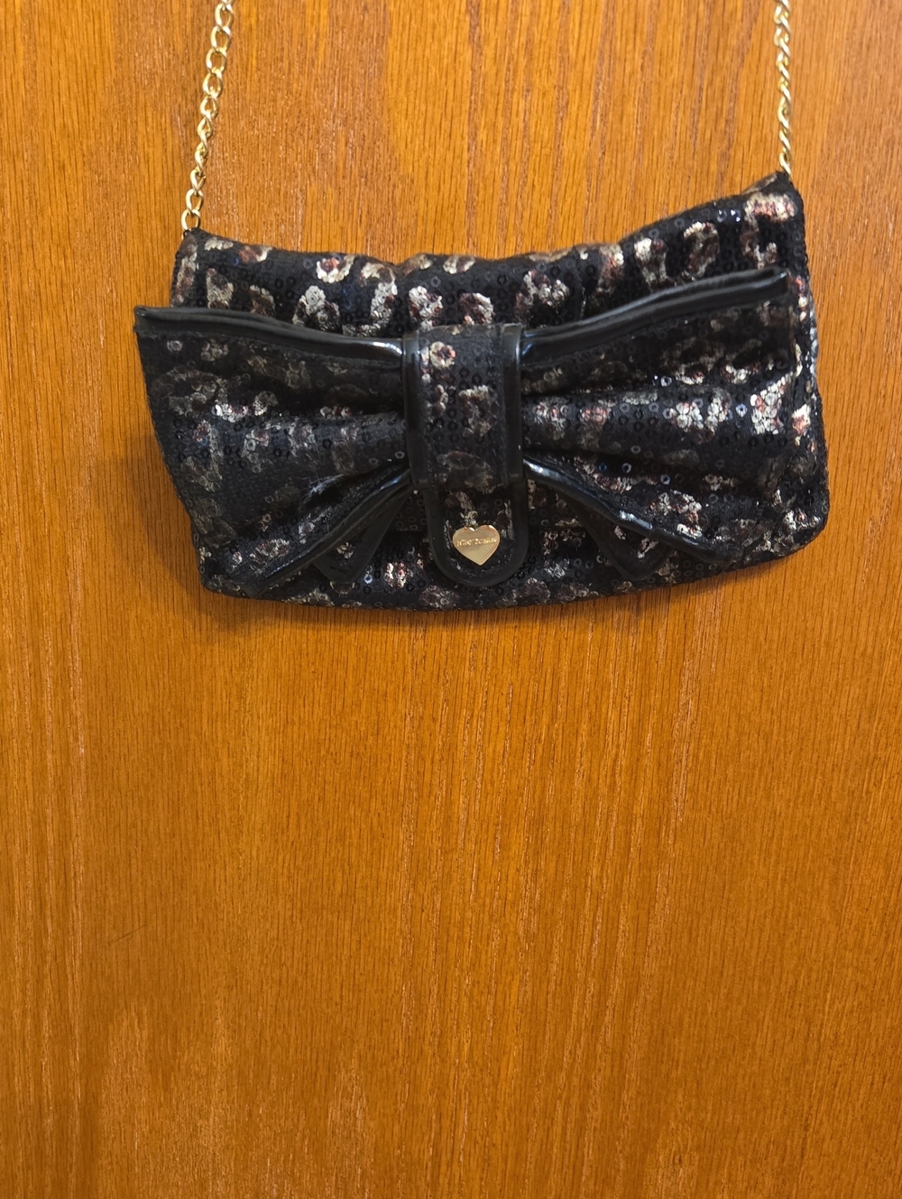 Betsey Johnson Black Sequin Bow Crossbody with Gold Chain